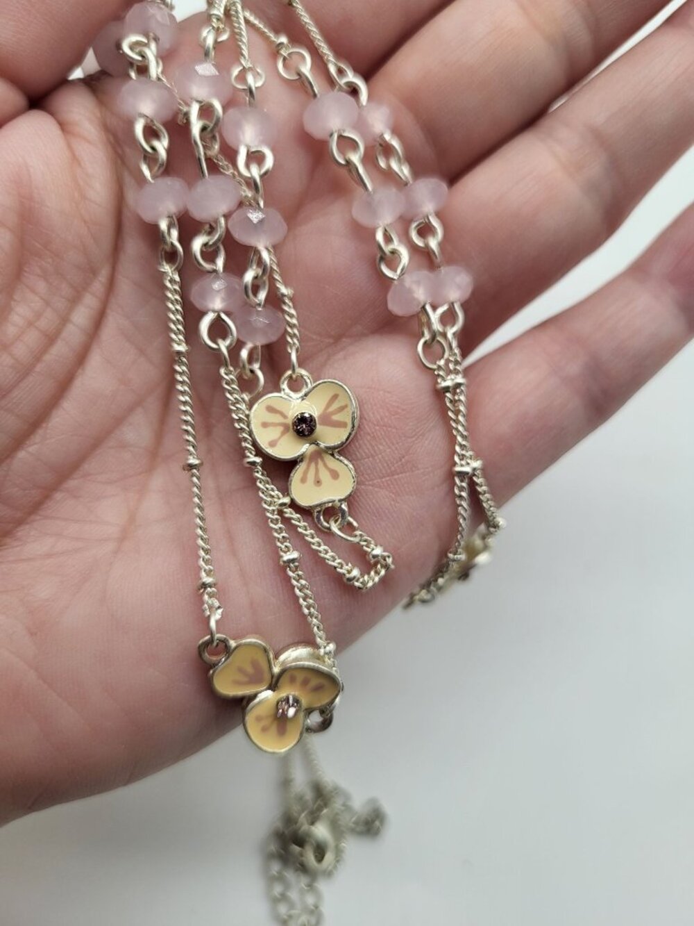 Pretty Pink Bead Cream Enamel Flower Long Necklace Silver Tone - Picture 5 of 5